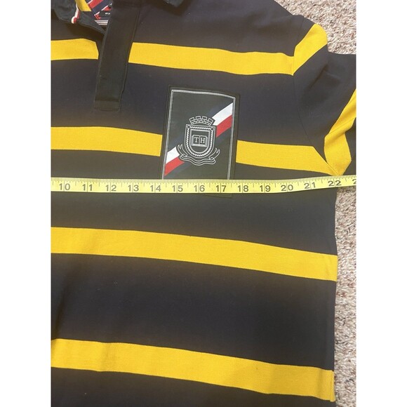 Tommy Hilfiger Polo Shirt Mens Large Large Blue Yellow Stripes Slim Rugby Patch - Picture 5 of 8
